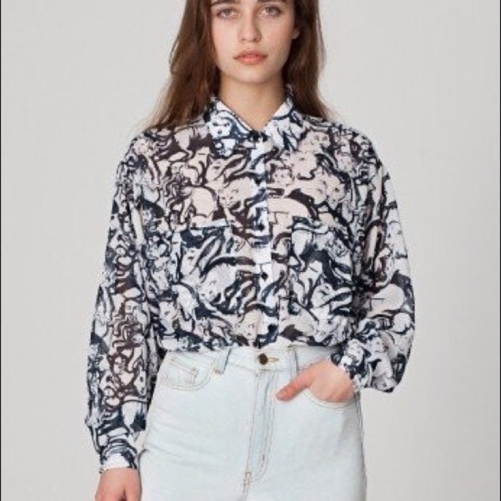 American Apparel Cat Print Chiffon Button Up Top